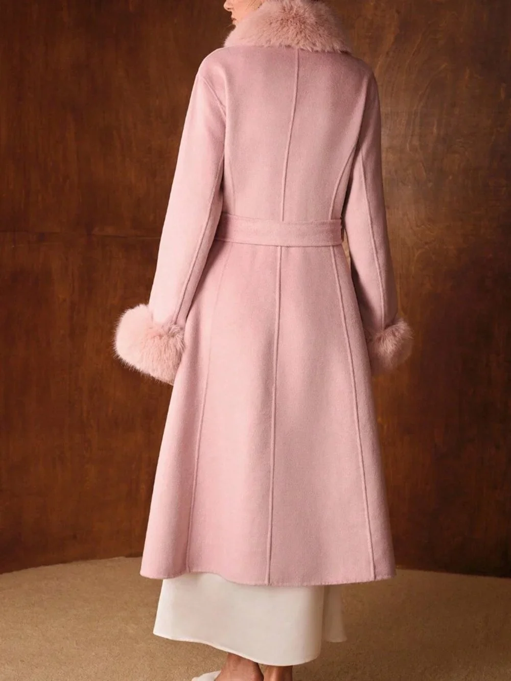 Baby Pink Elegant Women's Collar Cinched Waist Fitted Mid-Length Belted Overcoat